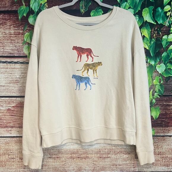 Pact Cheetah Crewneck Sweater Women Large XL Wild Pullover Sweatshirt Cat Animal - Picture 1 of 7